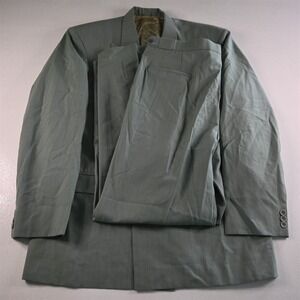 Vtg Bespoke 44L 36x32 Green‎ Striped Double Breasted Mens Jacket Pants Suit